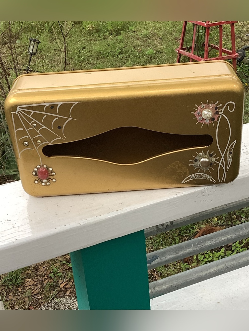 Vintage Ransburg Gold Tone Metal Tissue Box Holder Rhinestone Spiders and Web - Picture 2 of 9